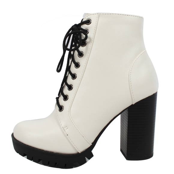 Soda Shoes - White Lace Up Combat Block Stacked Heel Ankle boot
